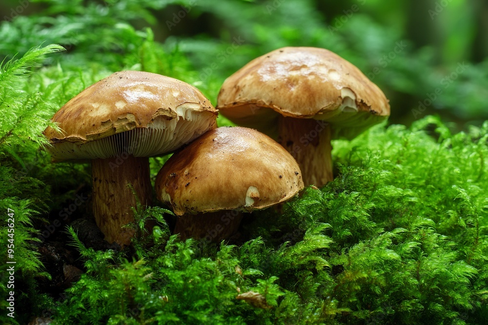 Boletus mushrooms growing in green moss covered forest. Generative Ai Boletus mushrooms growing in green moss covered forest. Generative Ai