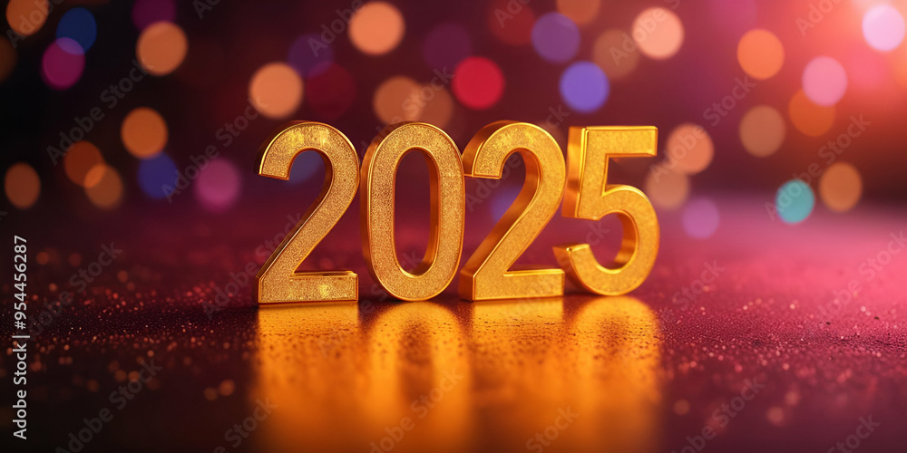 Glowing golden numbers 2025 on a blurred colorful background, representing the upcoming new year Glowing golden numbers 2025 on a blurred colorful background, representing the upcoming new year