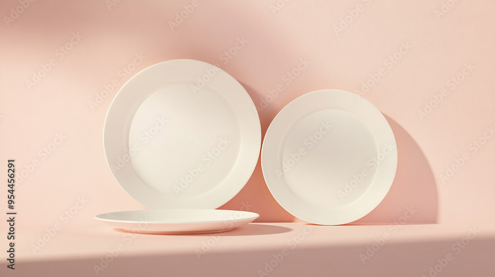 Set of three white round empty plates isolated on pale orange background Set of three white round empty plates isolated on pale orange background