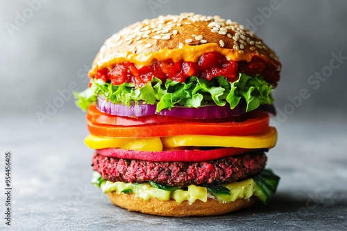 An artistic shot captures a plant-based burger with vibrant layers of colorful vegetables, celebrating vegan food photo