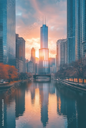 Peaceful Sunrise OverSerene City SkylineReflections onCalm River photo