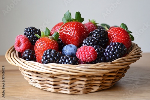 Assorted berries in a woven basket represent the natural sweetness of plant-based foods, highlighting healthy snacks photo