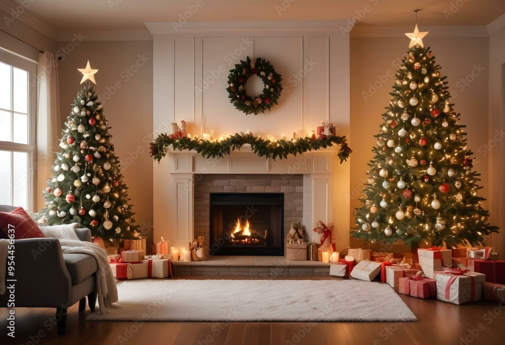 A cozy Christmas living room with a decorated Christmas tree, fireplace, and various holiday decorations and gifts. A cozy Christmas living room with a decorated Christmas tree, fireplace, and various holiday decorations and gifts.