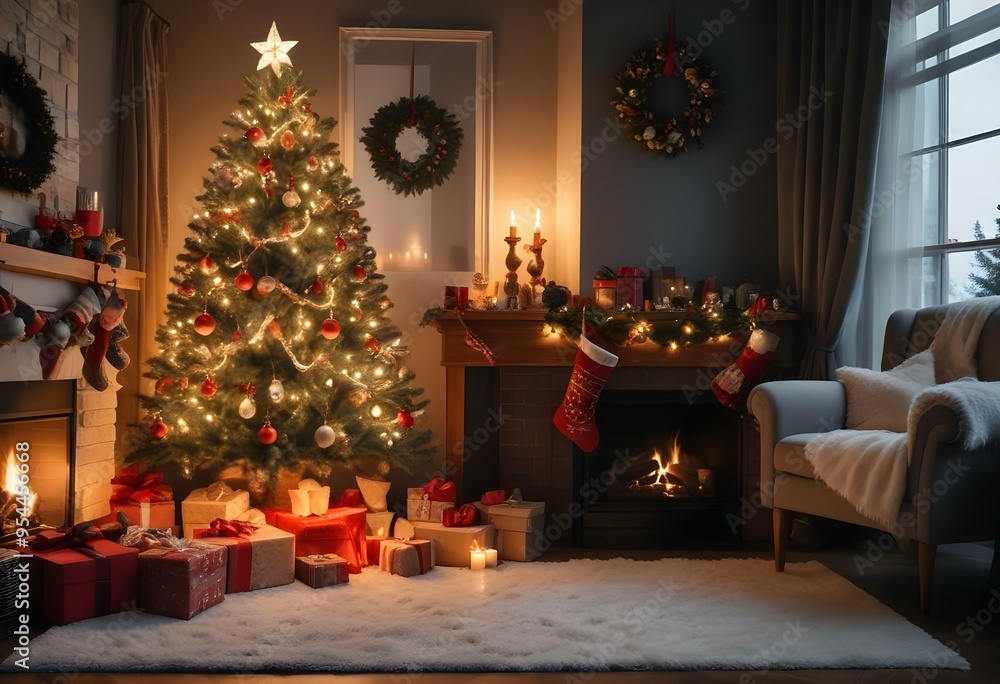 A cozy Christmas living room with a decorated Christmas tree, fireplace, and various holiday decorations and gifts. A cozy Christmas living room with a decorated Christmas tree, fireplace, and various holiday decorations and gifts.