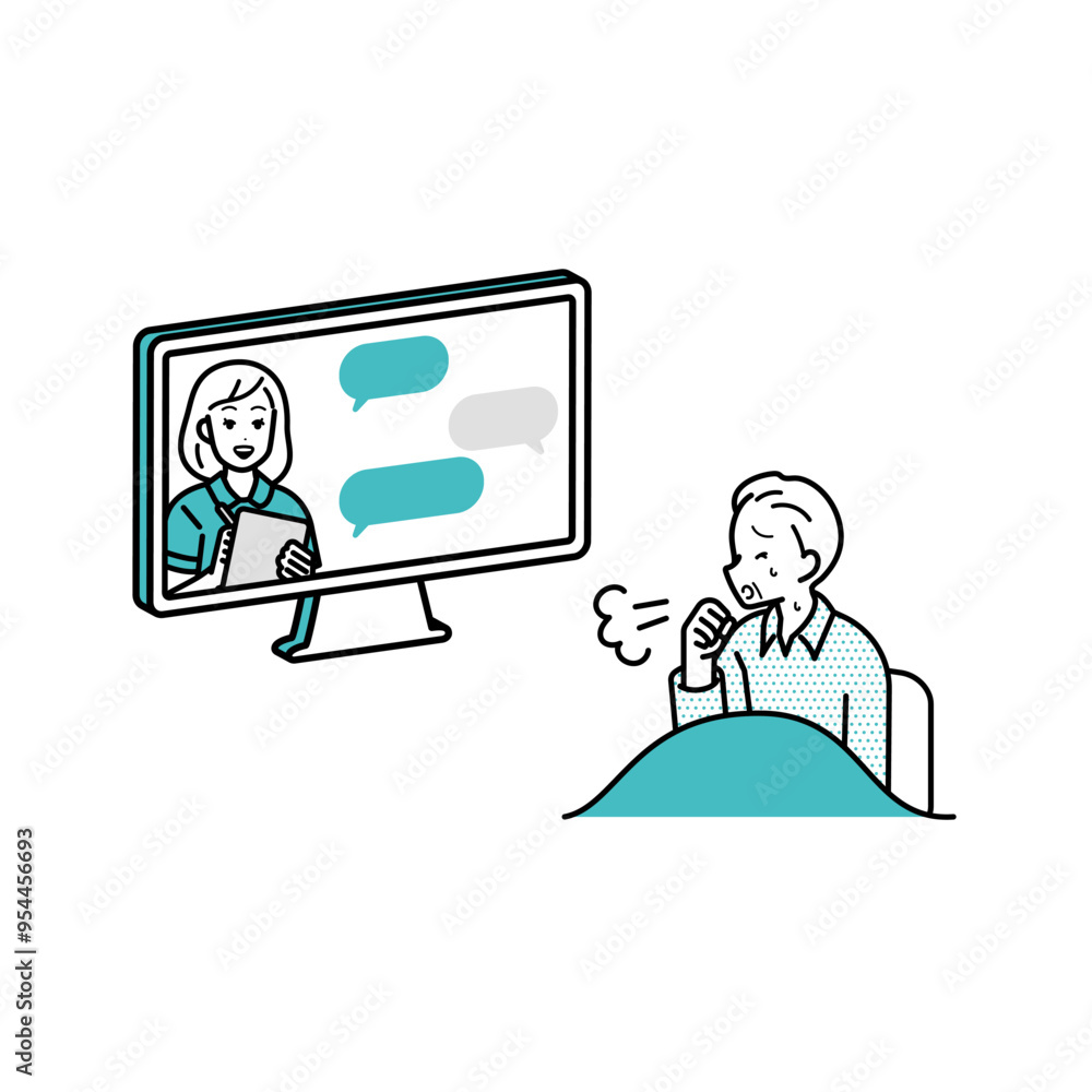 病院にオンライン相談・診断をするイラスト　パソコン