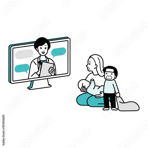病院にオンライン相談・診断をするイラスト　パソコン