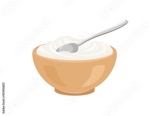 White yogurt or sour cream in bowl with spoon. Vector cartoon illustration of healthy food.
