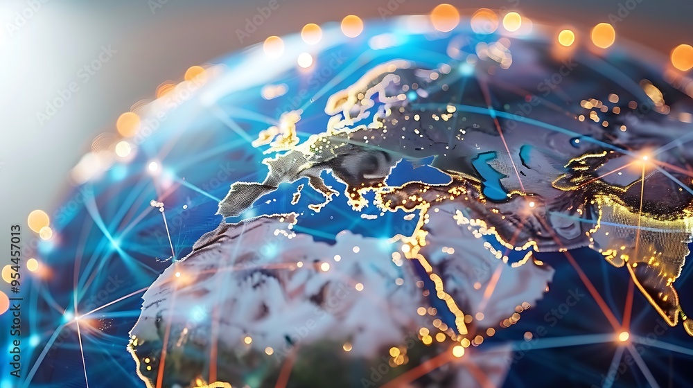 A globe with digital trade routes connecting major international cities. A globe with digital trade routes connecting major international cities.