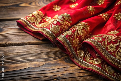 Vibrant Indian red fabric with intricate golden embroidery and subtle texture, draped elegantly over a rustic wooden table, evoking a sense of cultural heritage and tradition. photo