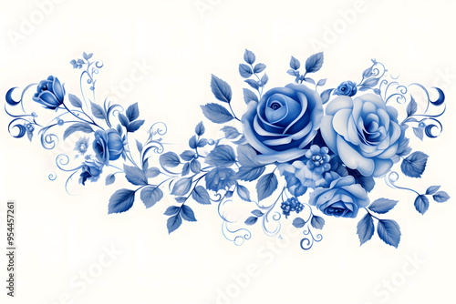 Blue Watercolor Rose on a White Background. Watercolor Blush Pink Rose Clipart with Floral Border and Painted Petals, Perfect for Dusty Rose Wedding Designs. Generative AI