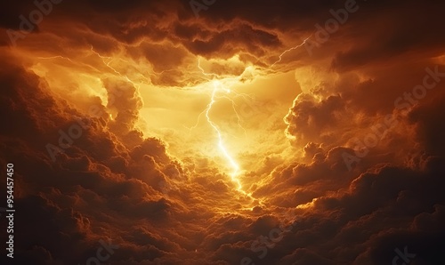 A Single Bolt of Lightning Piercing Through Dramatic Golden Clouds