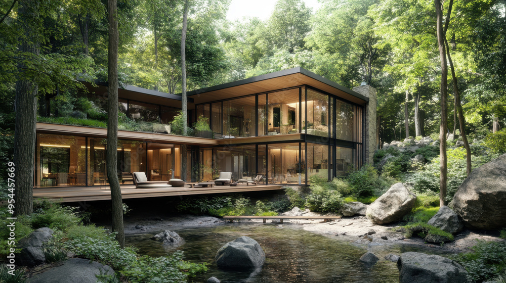 Realistic representation of a home nestled deep in the forest, with floor-to-ceiling Realistic representation of a home nestled deep in the forest, with floor-to-ceiling