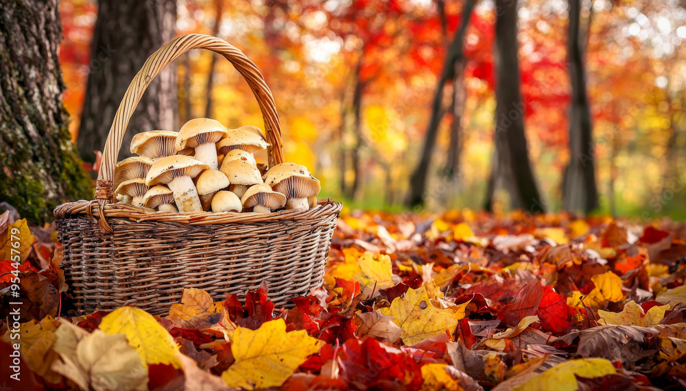 A woven basket filled with mushrooms amidst colorful autumn leaves in a forest setting. A woven basket filled with mushrooms amidst colorful autumn leaves in a forest setting.