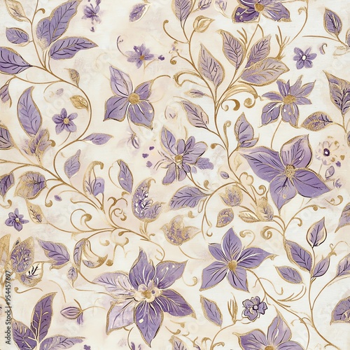 Seamless floral pattern with purple flowers and gold vines on a cream background.