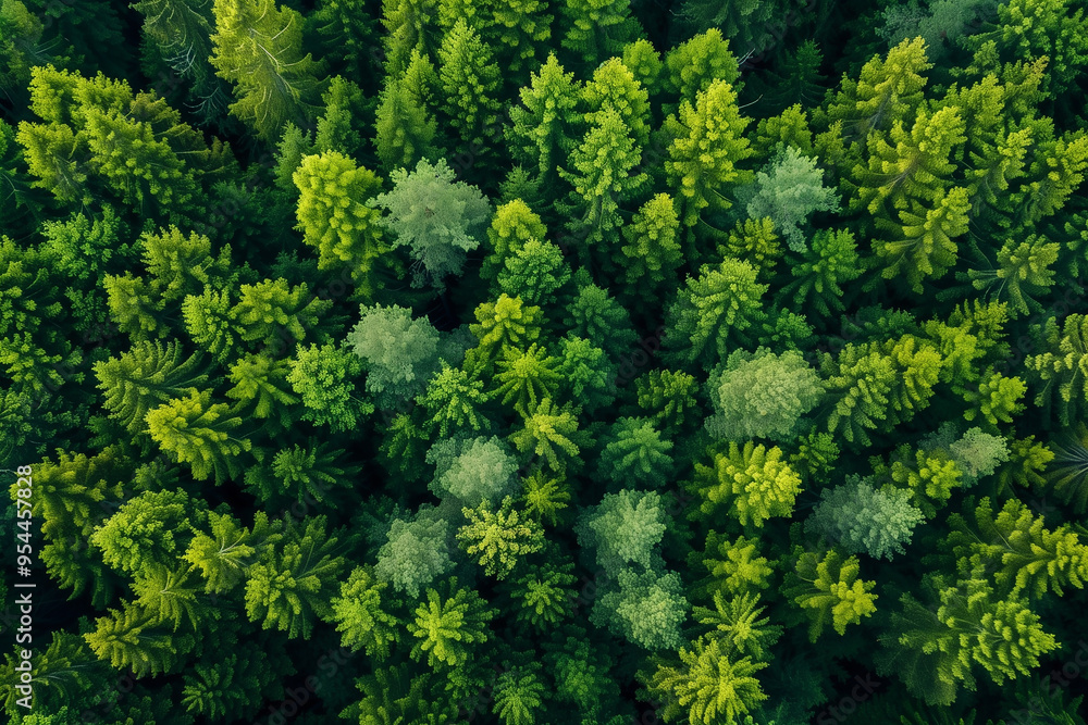Fototapeta premium Pine forest. Aerial top view of green pine trees in summer.