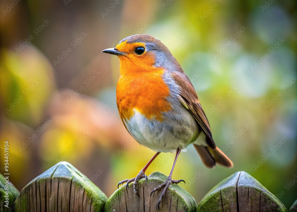 Fototapeta premium Vibrant orange-beaked bird perches on a rustic wooden fence, its bright plumage and distinctive beak standing out against a soft, blurred natural background.
