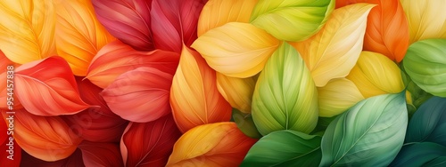 Wallpaper Mural  A tight shot of a multicolored backdrop, adorned with leaves on either side On one side, a green, yellow, red, orange, and green leaf arrangement lies Torontodigital.ca