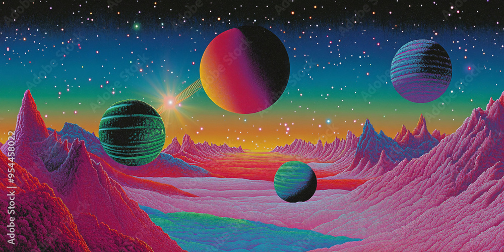 Fototapeta premium Neon cosmic landscape with colorful planets