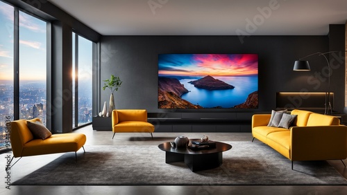 Modern Living Room with Large TV  City View  Yellow Sofa  and Black Coffee Table