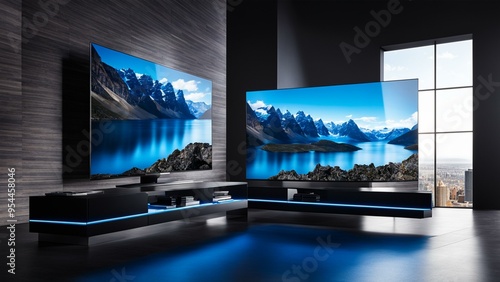 Modern Living Room with Two Large Screen TVs and Blue LED Lighting
