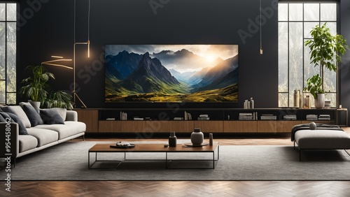 Modern Living Room with Large TV and Mountain Landscape