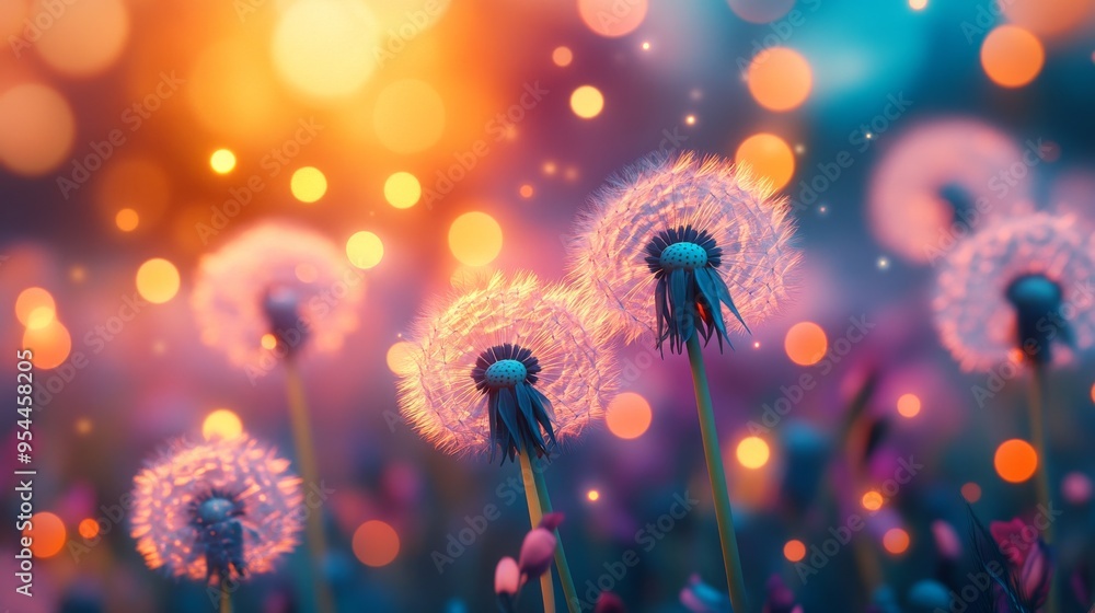 Dandelion Seeds Glowing in Warm Light with Bokeh Background Dandelion Seeds Glowing in Warm Light with Bokeh Background