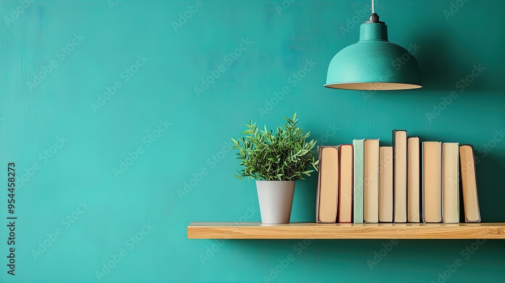 Stylish Wooden Shelf with Books and Potted Plant Under Contemporary Turquoise Light – Perfect for a Vibrant Teal Wall Poster in Modern Interior Decor! Stylish Wooden Shelf with Books and Potted Plant Under Contemporary Turquoise Light – Perfect for a Vibrant Teal Wall Poster in Modern Interior Decor!