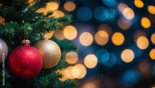 Christmas Tree With Baubles And Blurred Shiny Lights