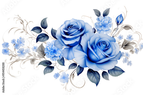 Blue Watercolor Rose on a White Background. Watercolor Blush Pink Rose Clipart with Floral Border and Painted Petals, Perfect for Dusty Rose Wedding Designs. Generative AI