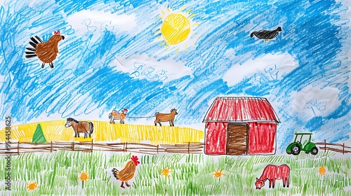 A lively drawing by a child of a farm scene, with animals like cows, chickens, and a horse, alongside a red barn and a tractor, using a mix of crayons and markers. 8k UHD, suitable for high-quality 