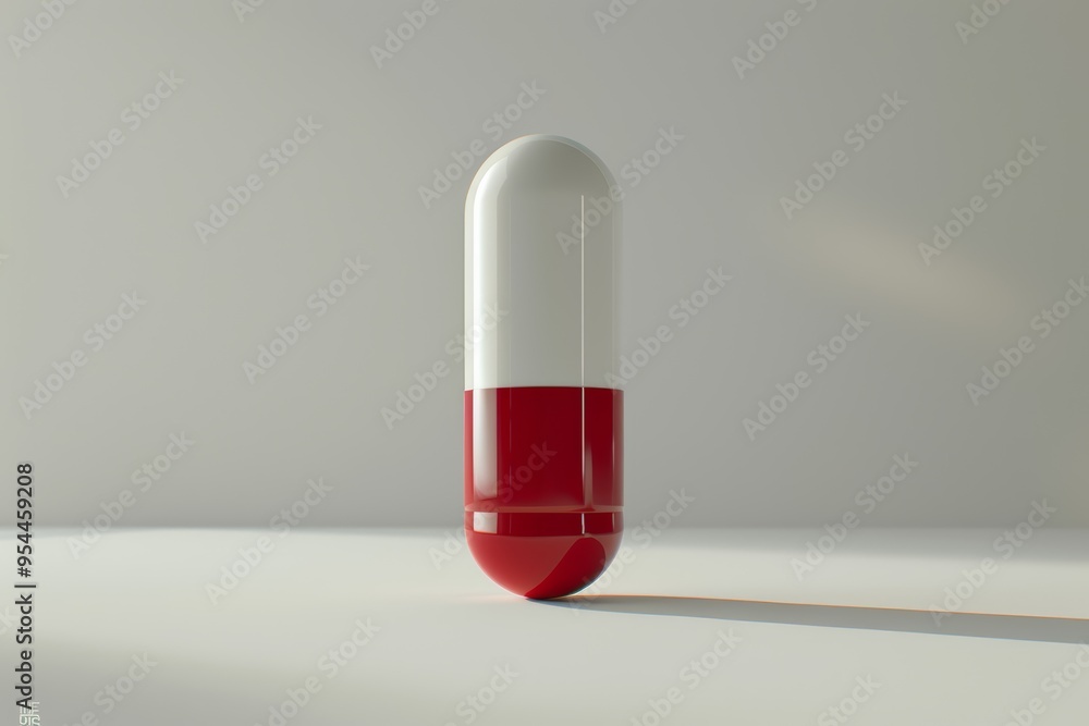 A modernist-style white and red capsule pill is elegantly presented in 3D mock-up fashion against a light white background. A modernist-style white and red capsule pill is elegantly presented in 3D mock-up fashion against a light white background.