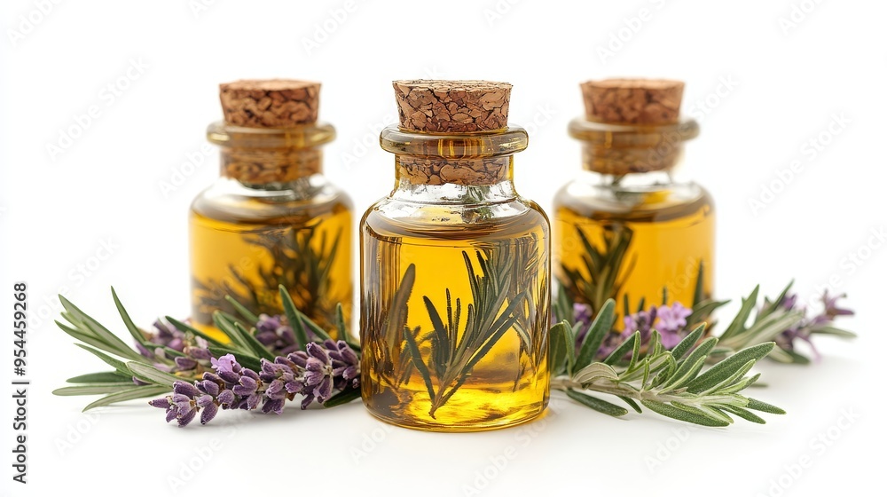 Essential Oils Bottles with Lavender and Rosemary Essential Oils Bottles with Lavender and Rosemary