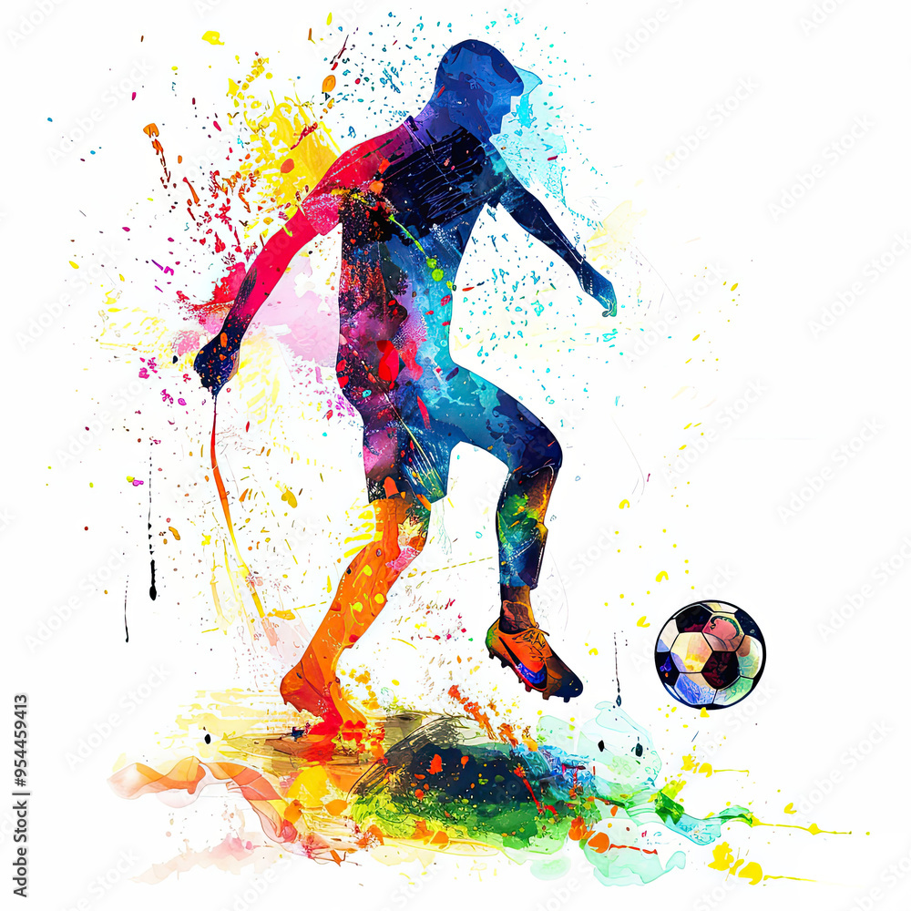 watercolor painting shows a soccer player running with the ball, highlighted by dynamic and lively splashes of color on a white background. watercolor painting shows a soccer player running with the ball, highlighted by dynamic and lively splashes of color on a white background.