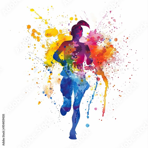 watercolor illustration features a runner in mid-stride, with bold splashes of blue, orange, and yellow hues adding to the intensity of the scene on a white background.