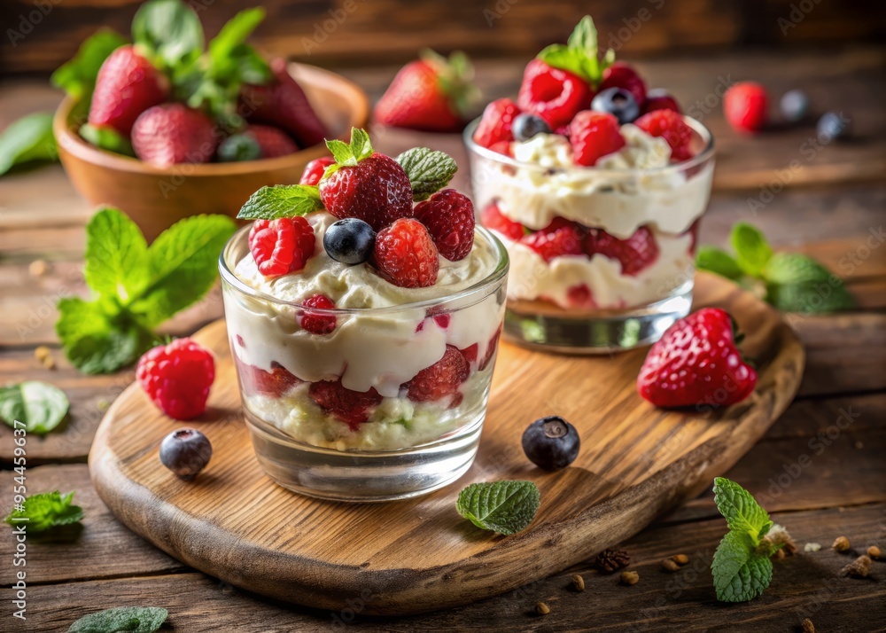 A delicate serving of Eton Mess garnished with fresh berries and mint leaves, placed on a rustic wooden table, warm natural light illuminating the scene. A delicate serving of Eton Mess garnished with fresh berries and mint leaves, placed on a rustic wooden table, warm natural light illuminating the scene.