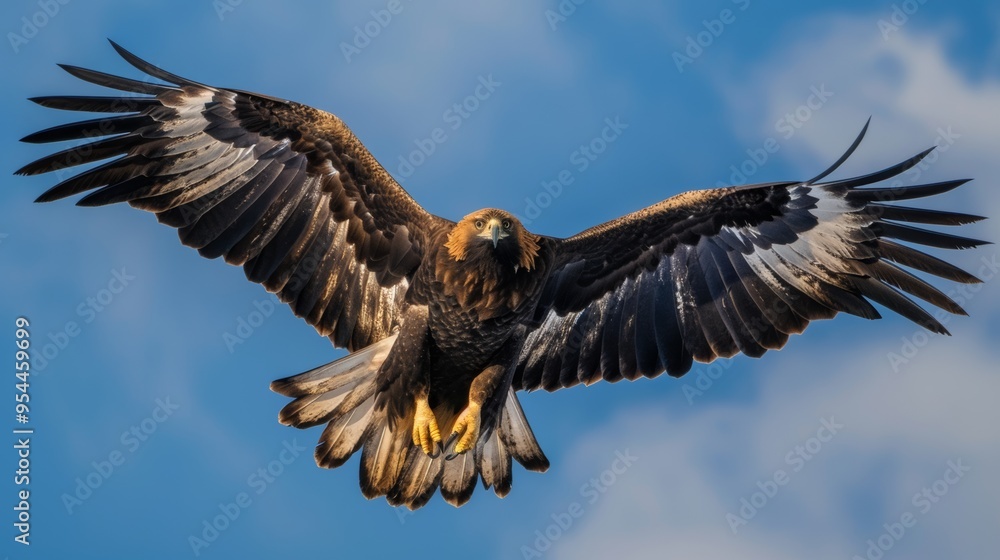 Fototapeta premium eagle soaring with wings fully spread, gliding gracefully through a clear blue sky.