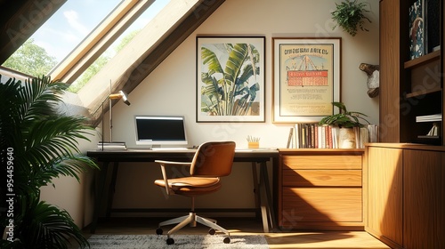 Transform Your Space: Artistic Attic Workspace with Modern Desk, Vintage Posters, and Natural Light – Perfect for Home Office Inspiration or Stylish Poster Decor