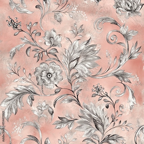 Floral pattern with white flowers and leaves on a pink background