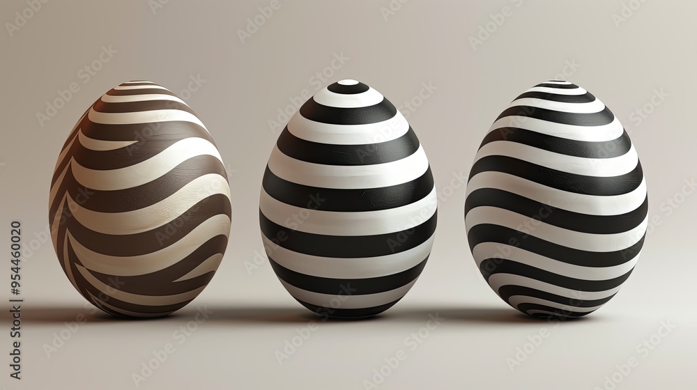 Fototapeta premium 3 sleek Easter eggs in black and white showcase unique spiral and striped patterns. Their minimalist design and monochromatic palette offer a stylish.