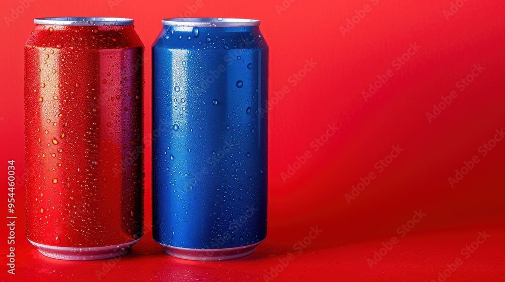 Featuring red and blue soda cans in perfect harmony, the condensation droplets highlight their refreshing coolness, making this image perfect for a competitive soda market banner. Featuring red and blue soda cans in perfect harmony, the condensation droplets highlight their refreshing coolness, making this image perfect for a competitive soda market banner.