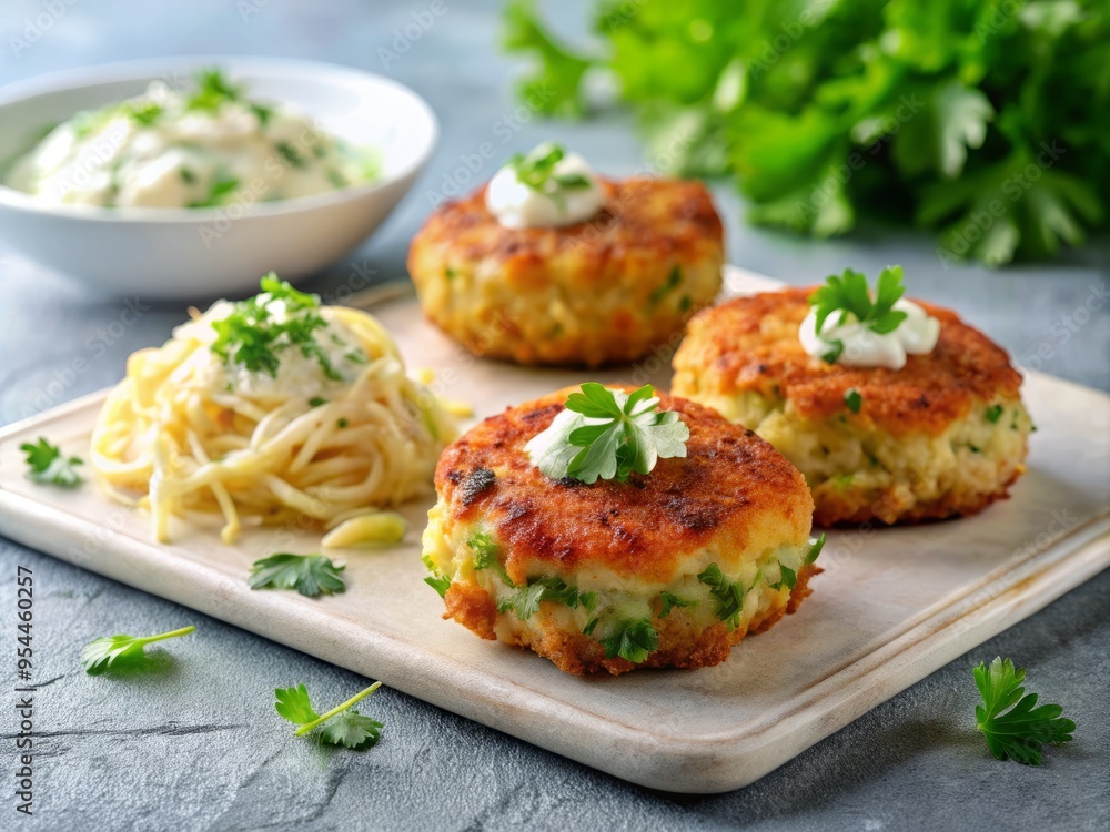 A fishcake trio, served with a side of creamy coleslaw and garnished with a delicate sprig of parsley, set against a clean, minimalist background. A fishcake trio, served with a side of creamy coleslaw and garnished with a delicate sprig of parsley, set against a clean, minimalist background.