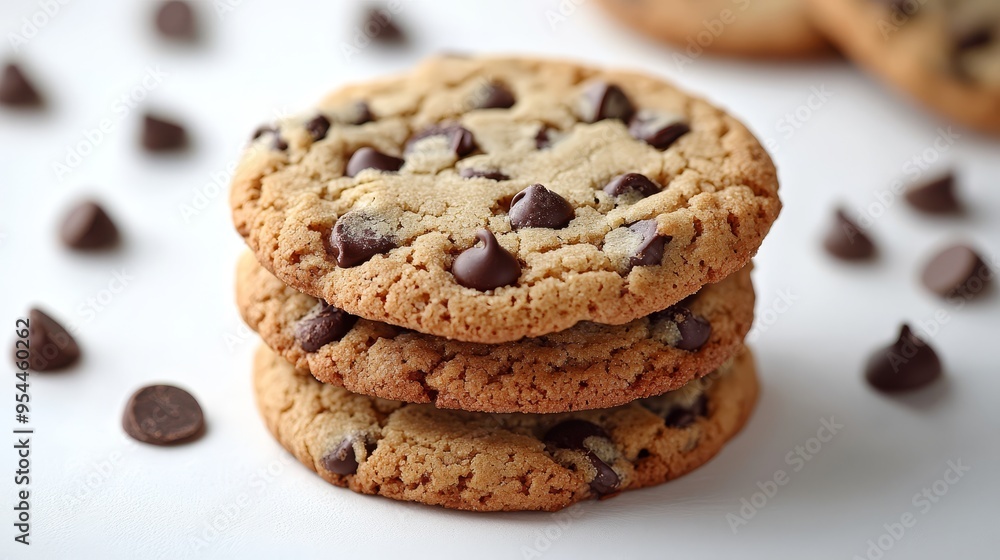 Closeup of Chocolate Chip Cookies Stacked on White Background Closeup of Chocolate Chip Cookies Stacked on White Background