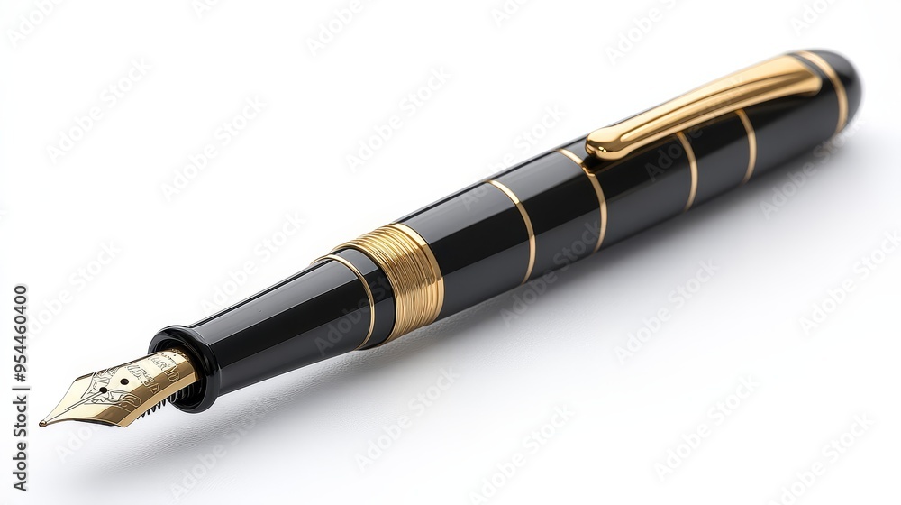 Elegant Black and Gold Fountain Pen with Nib on White Background Elegant Black and Gold Fountain Pen with Nib on White Background