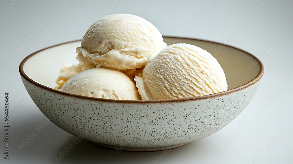 Creamy vanilla ice cream scoops served in a chic white speckled bowl. Creamy vanilla ice cream scoops served in a chic white speckled bowl.
