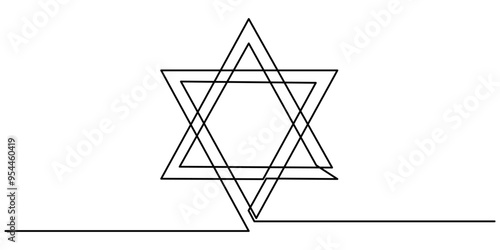 Star of David in continuous line drawing style. Line art of star of David. Vector illustration. Abstract background, Continuous drawn one line of the symbol of religion, Star of David icon line