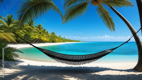  A hammock strung between two palm trees o the beach