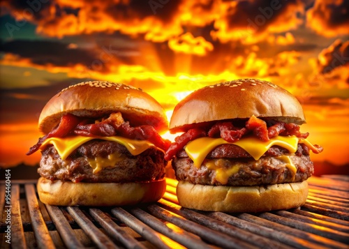 Juicy beef burgers sizzling on a grill, topped with melted cheddar cheese and crispy bacon, against a warm, sunset-lit background.