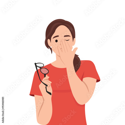 Young woman rubbing and wiping eyes and holding glasses. Flat vector illustration isolated on white background