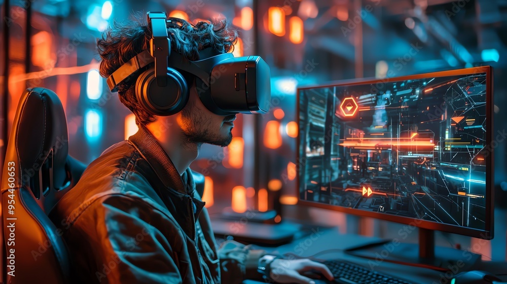 Young man immersed in a virtual reality gaming experience with VR headset and headphones, futuristic cyber environment. Young man immersed in a virtual reality gaming experience with VR headset and headphones, futuristic cyber environment.