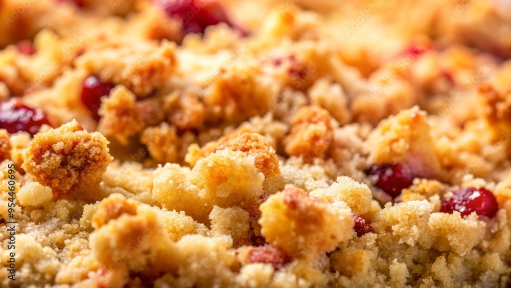 Close-up of the crumbly topping, with a shallow depth of field to emphasize the texture and make the viewer's mouth water. Close-up of the crumbly topping, with a shallow depth of field to emphasize the texture and make the viewer's mouth water.